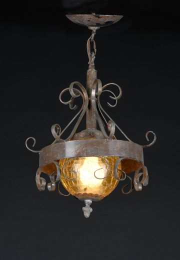 Wrought Iron Gothic Hanging Pendant w/Amber Glass Globe