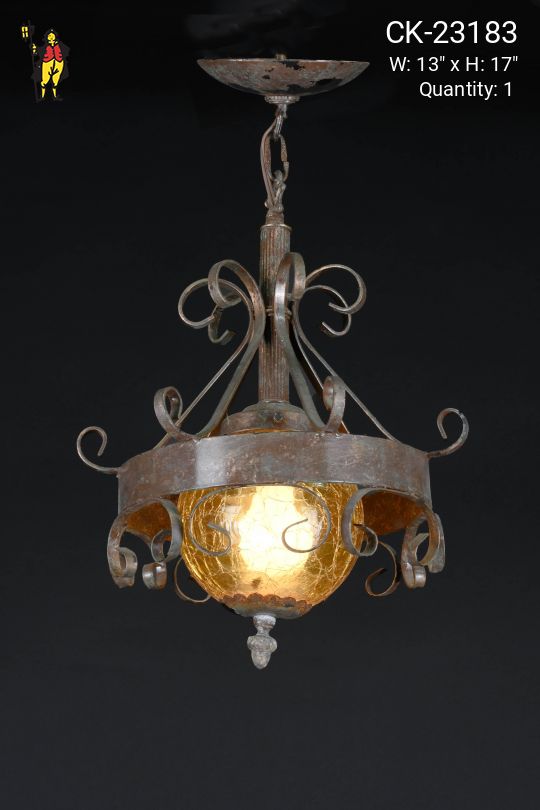 Wrought Iron Gothic Hanging Pendant w/Amber Glass Globe