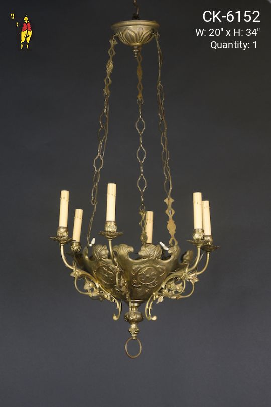 Six Light Gothic Brass Chandelier