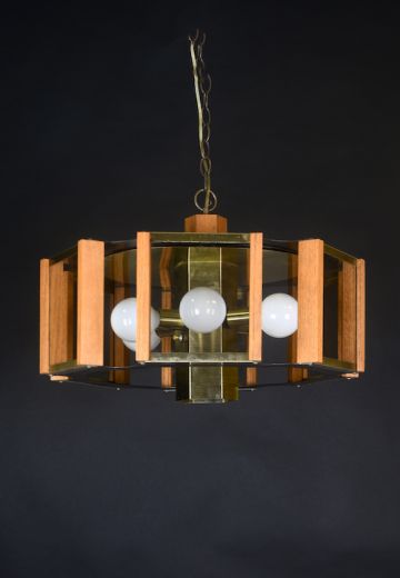 Mid-Century Wood & Glass Hanging Pendant