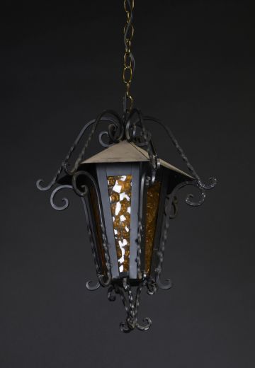 Wrought Iron & Amber Glass Hanging Lantern
