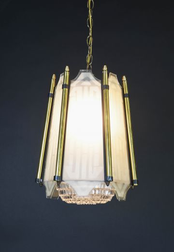 Deco Brass & Etched Glass Hanging Lantern