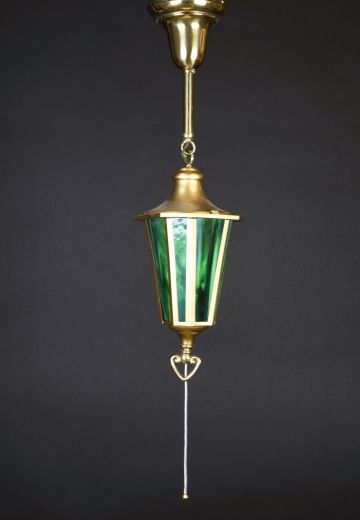 Small Brass Hanging Lantern w/Green Glass