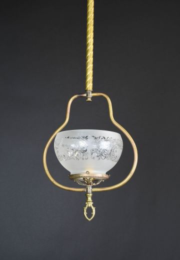 Brass Hanging Electrified Oil Light w/Etched Glass Shade