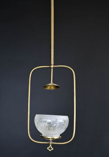 Square Brass Hanging Electrified Oil Light w/Etched Glass Shade