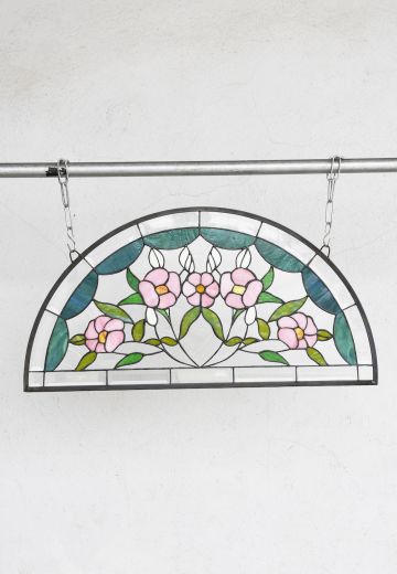 Pink & Green Floral Half Moon Stain Glass