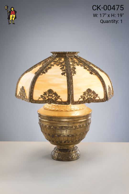 Brass Table Lamp w/Curved Slag Glass Shades
