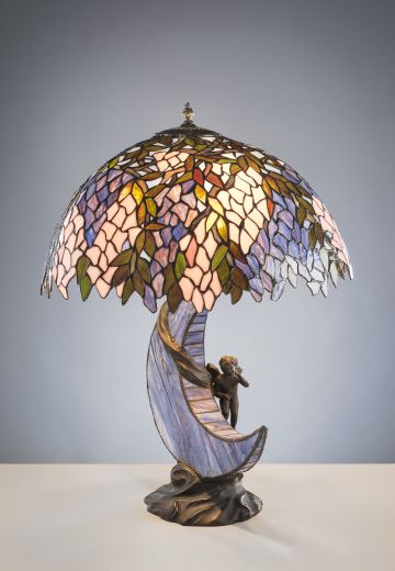 Bronze Statute Table Lamp w/Art Glass Shade