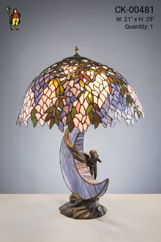 Bronze Statute Table Lamp w/Art Glass Shade
