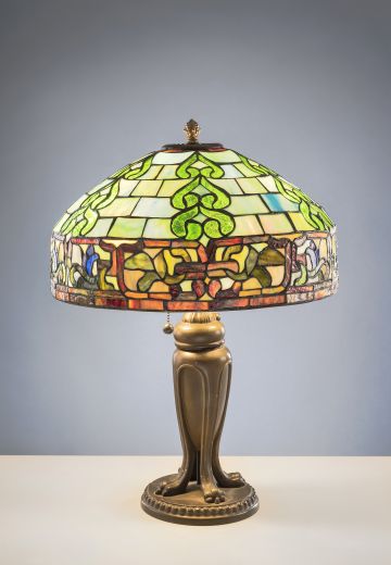 Antique Brass Table Lamp w/Multicolor Art Glass Shade