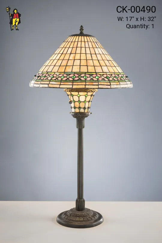 Antique Bronze Mission Style Table Lamp w/Leaded Glass Shade