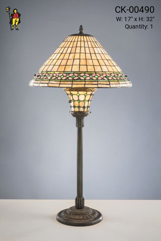 Antique Bronze Mission Style Table Lamp w/Leaded Glass Shade