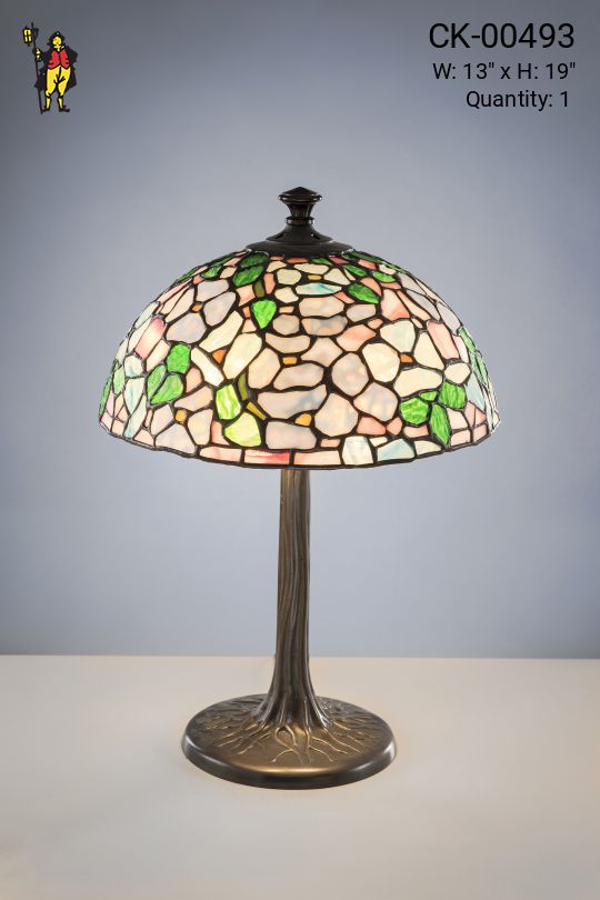 Antique Bronze Table Lamp w/Leaded Glass Shade