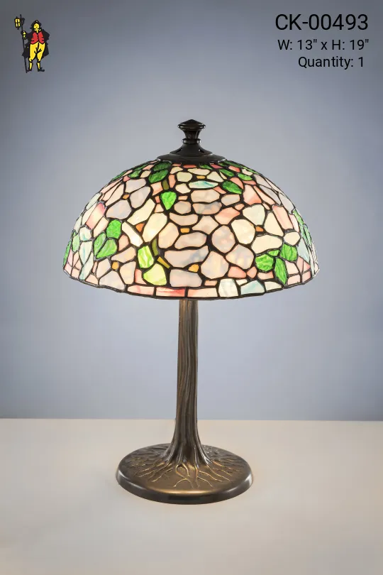 Antique Bronze Table Lamp w/Leaded Glass Shade