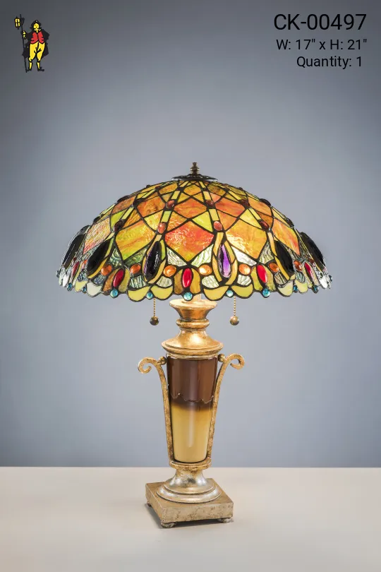Brass Table Lamp w/Leaded Glass Shade