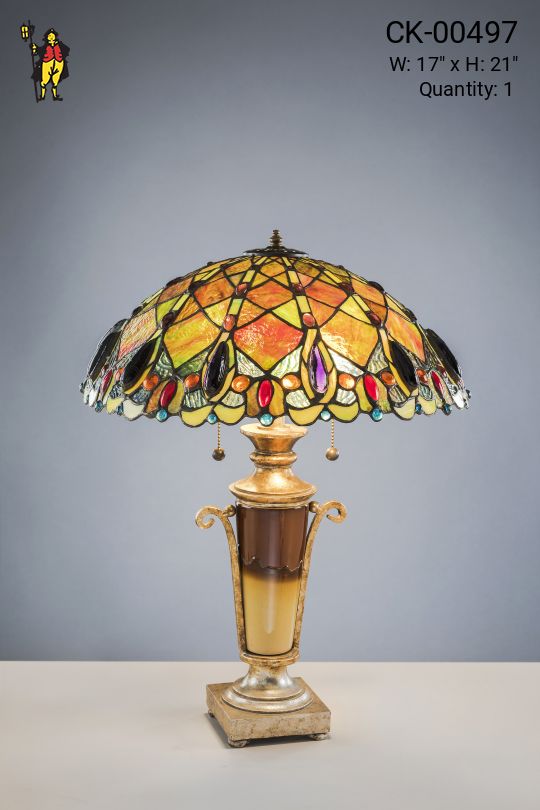 Brass Table Lamp w/Leaded Glass Shade