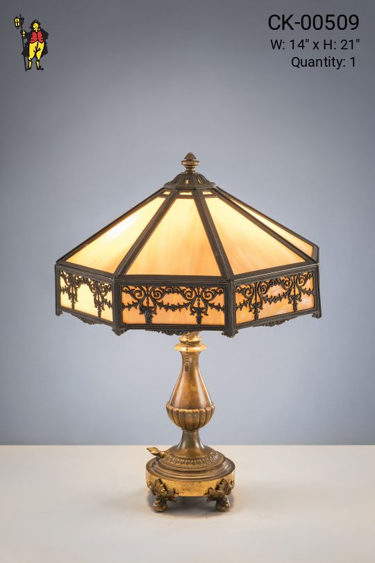 Brass Table Lamp w/Slag Glass Shade