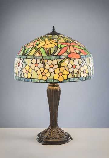 Bronze Table Lamp w/Leaded Glass Shade