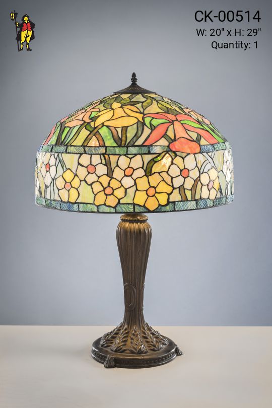 Bronze Table Lamp w/Leaded Glass Shade