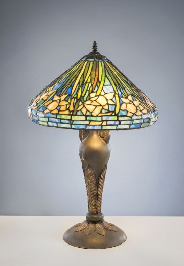 Antique Bronze Table Lamp w/Leaded Glass Shade