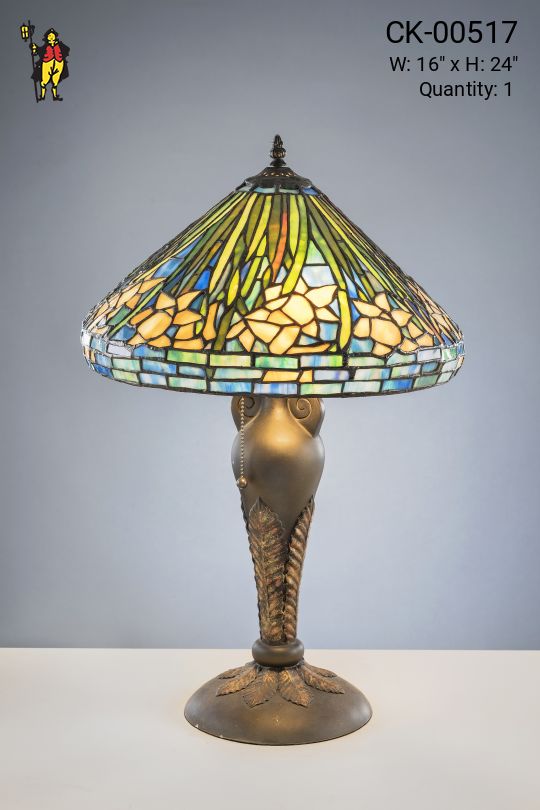 Antique Bronze Table Lamp w/Leaded Glass Shade