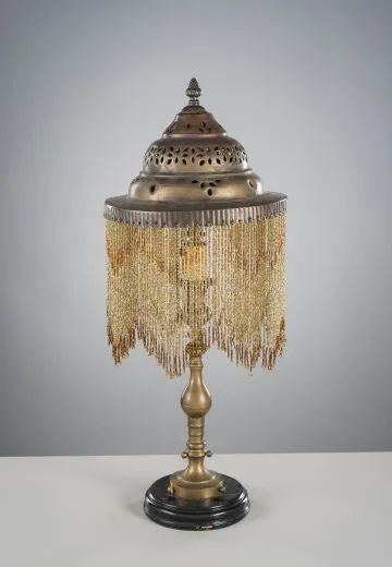 Brass Table Lamp w/Pierced Brass Fringed Shade