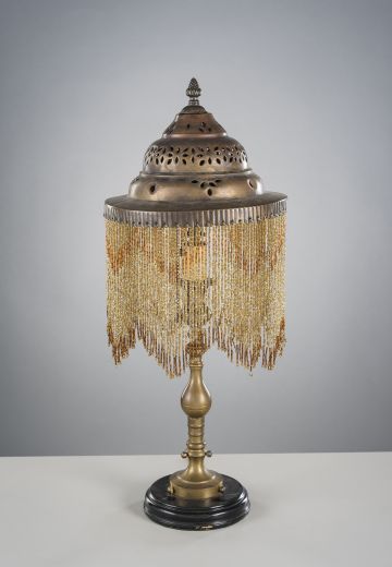 Brass Table Lamp w/Pierced Brass Fringed Shade