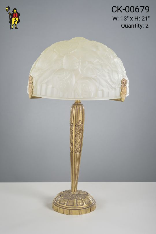 Brass Table Lamp w/Frosted Molded Glass Shade