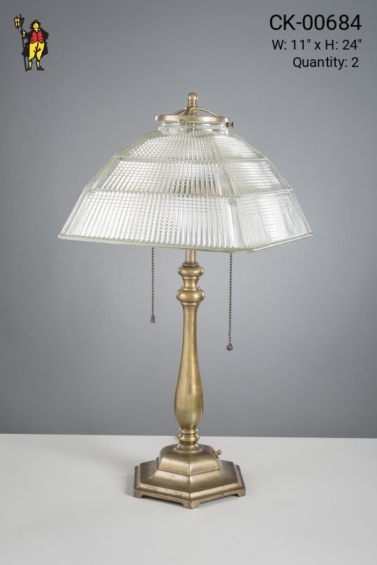 Antique Brass Table Lamp w/Square Halophane Shade