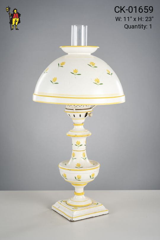 White & Yellow Painted Floral Tole Lamp