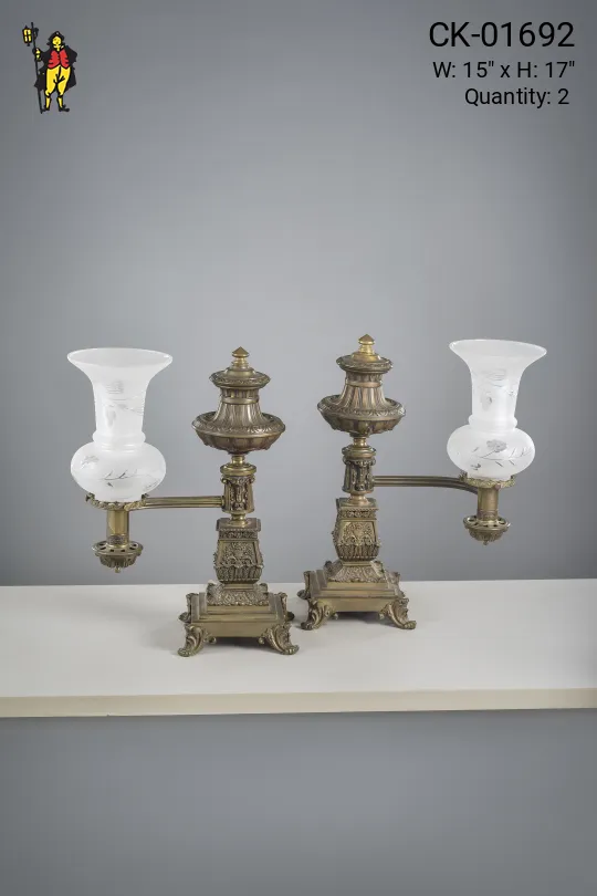 Brass Mantel Lamps w/Frosted Glass Shades