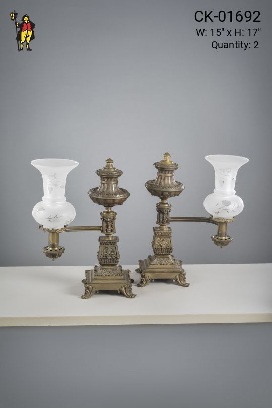 Brass Mantel Lamps w/Frosted Glass Shades