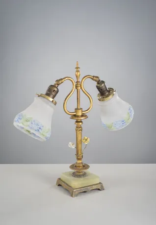 Two Light Brass Table Lamp w/Glass Shades