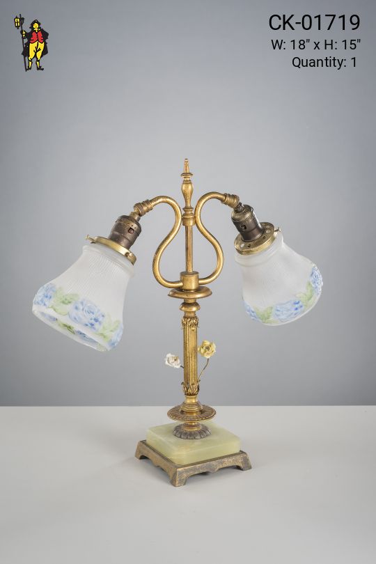 Two Light Brass Table Lamp w/Glass Shades