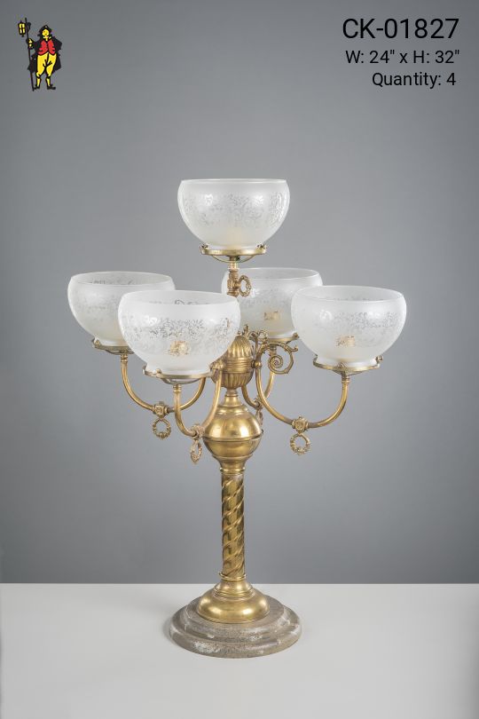 Five Light Curved Arm Table Lamp w/Etched Glass Bowl Shades