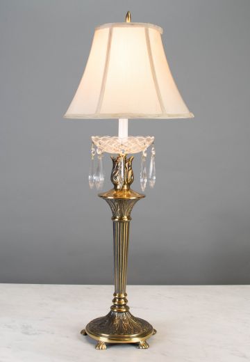 Brass Column Footed Table Lamp w/Crystal Drops