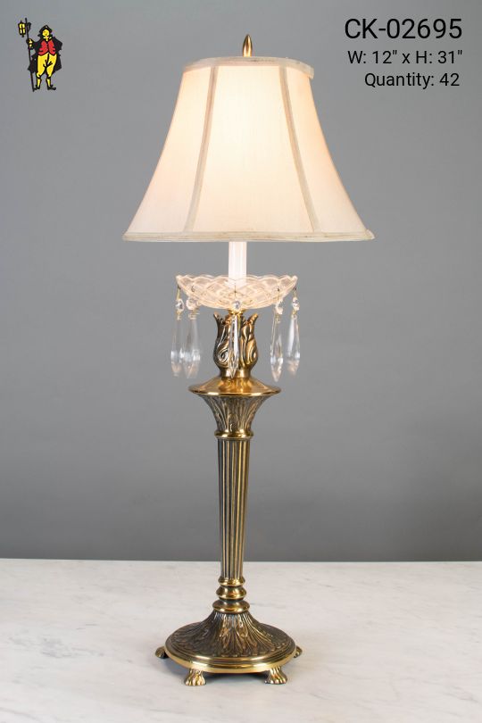 Brass Column Footed Table Lamp w/Crystal Drops