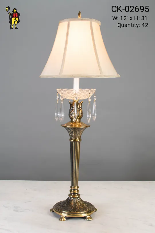 Brass Column Footed Table Lamp w/Crystal Drops