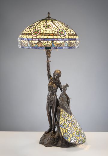 Bronze Figurine Table Lamp w/Art Glass Shade