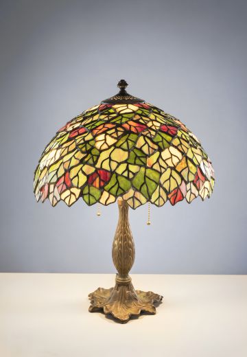 Antique Brass Table Lamp w/Leaded Glass Shade