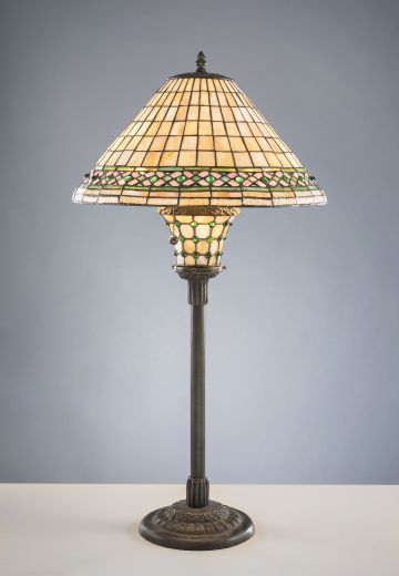 Antique Bronze Mission Style Table Lamp w/Leaded Glass Shade