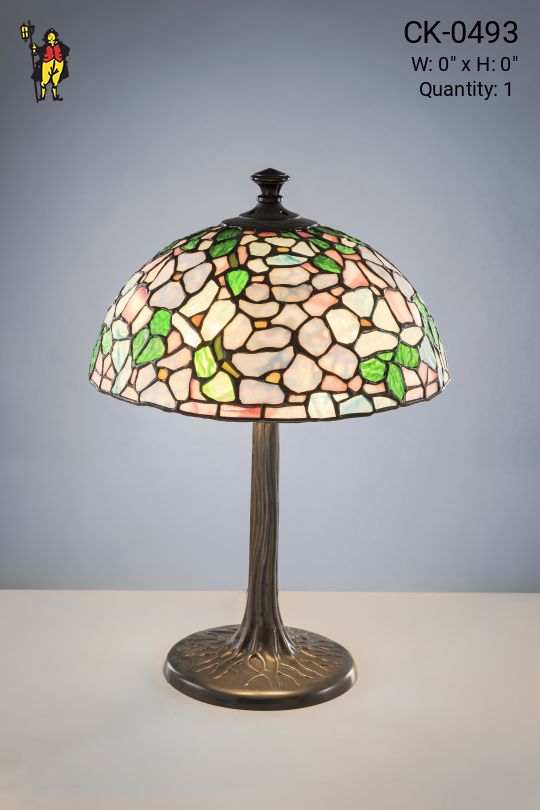 Antique Bronze Table Lamp w/Leaded Glass Shade