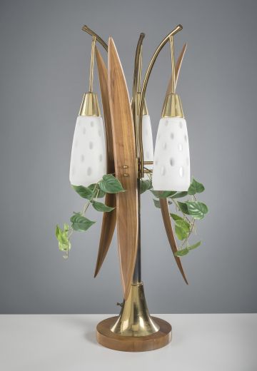Three Light Wooden Mid Century Table Lamp