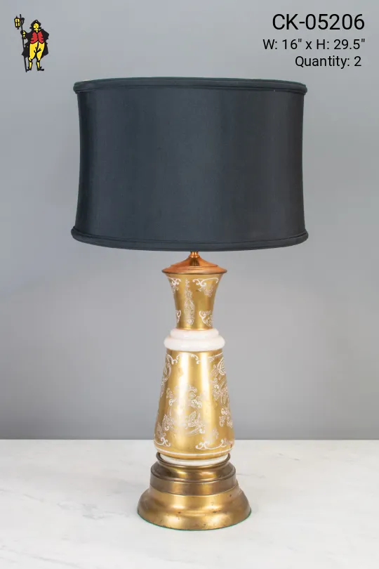 Polished Brass Table Lamp w/White Floral Pattern