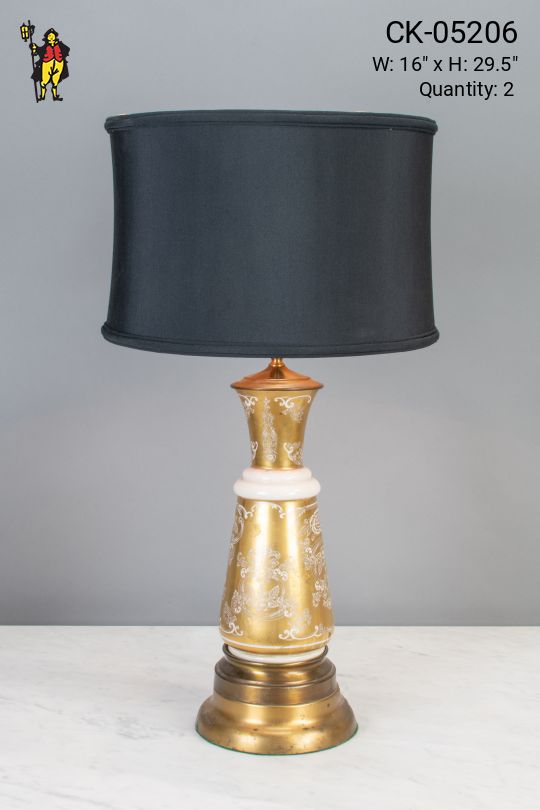 Polished Brass Table Lamp w/White Floral Pattern