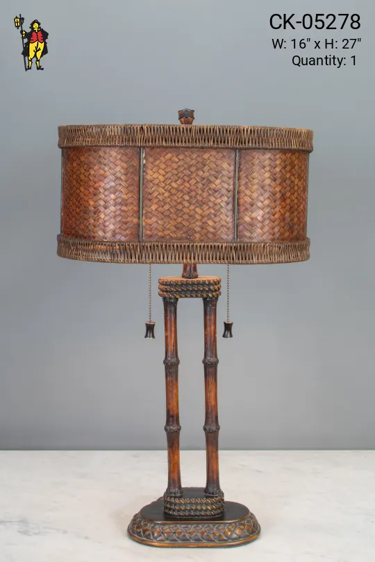 Wooden Two Light Table Lamp w/Woven Shade