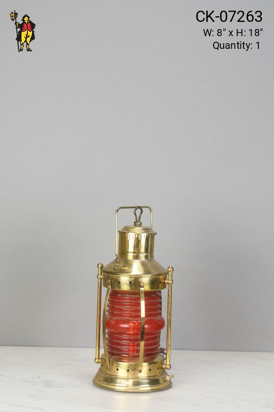 Polished Brass & Red Glass Lantern