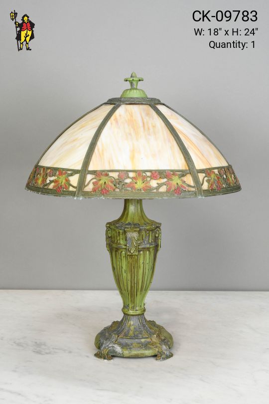 Distressed Green Table Lamp w/Floral Art Glass Shade