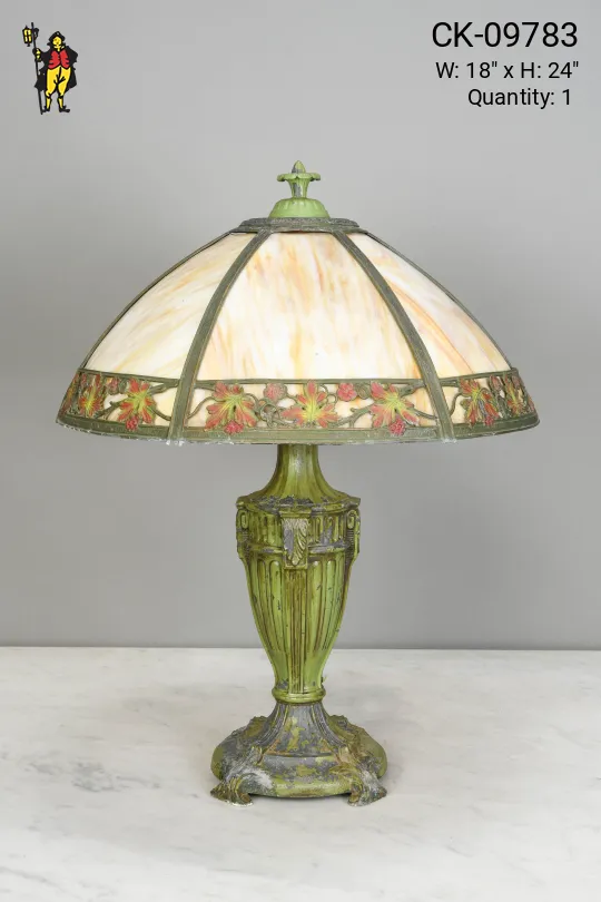 Distressed Green Table Lamp w/Floral Art Glass Shade