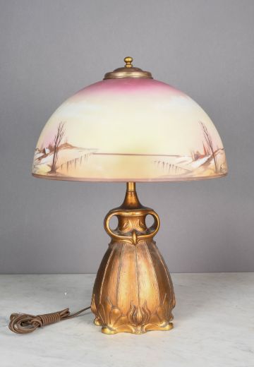 Handel Brass Table Lamp w/Painted Glass Shade